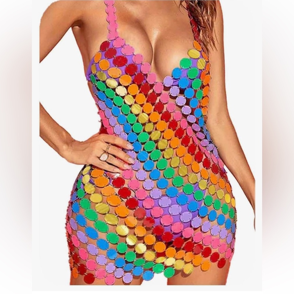 Rainbow Sequin Disc Chainmail Festival Dress